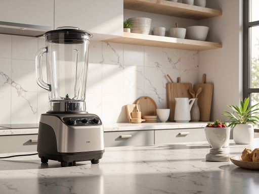 Modern electric juicer with glass pitcher and stainless steel blades on kitchen counter